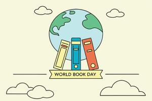 World Book Day logo with colorful stacked books, Earth in the background, and a festive cloud filled scene vector