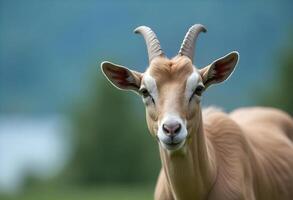 A Brown Goat with Small Horns Facing Camera photo