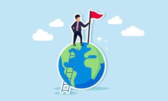 A businessman standing on a globe with a ladder, holding a red flag, illustration of striving to be the best in his field vector