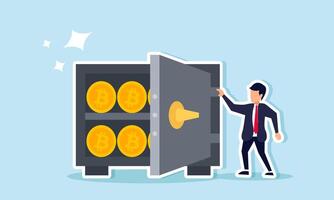 A businessman standing next to a safe filled with bitcoins, illustration of securing investment assets in the form of bitcoin vector