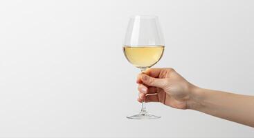 Hand Holding Elegant Wine Glass with White Wine on White Background photo