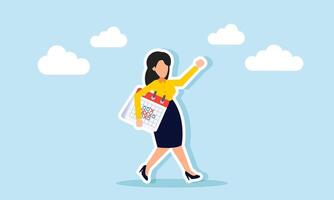 A businesswoman walks carrying a calendar schedule, illustrating business project completion aligned with the project timeline schedule vector