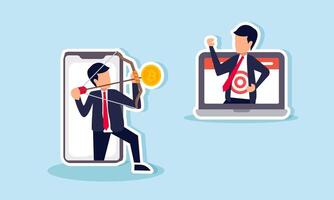 A businessman inside a phone aiming a Bitcoin arrow at another businessman inside a laptop, illustration of targeting Bitcoin investment with specific valuation vector