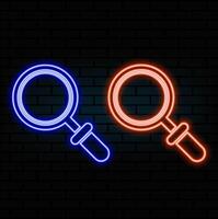 Magnifying Glass Icon Neon Light in many colors.Magnifying glass icon with glowing neon line isolated on black background. Zoom, search, and business symbol..orange vector