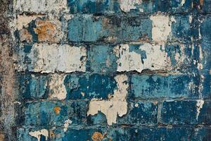 Aged Cracked Blue Brick Wall with Peeling Paint Texture and Weathered Grunge Effect for Background Design photo