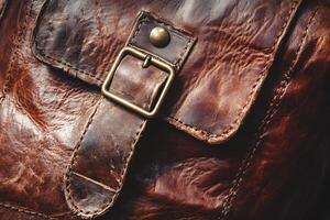 Closeup of Distressed Brown Leather Bag with Brass Buckle and Stitched Details in Soft Light photo