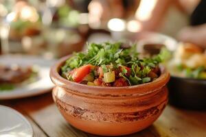 Fresh Vegetable Salsa in Rustic Clay Bowl with Cilantro Garnish on Wooden Table in Outdoor Setting photo
