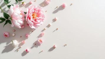 Elegant Pink Peonies with Petals and Shadows on White Background photo