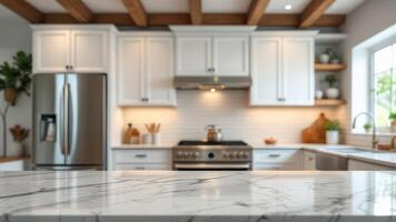 Blurred Modern Farmhouse Kitchen with Marble Countertop and White Cabinets photo