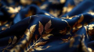 Elegant Blue Fabric with Golden Leaf Patterns photo