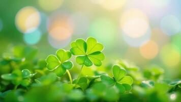 Green Clover Leaves with Dew Drops in Natural Sunlight photo
