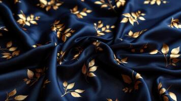 Luxurious Blue Silk Fabric with Golden Leaf Pattern photo