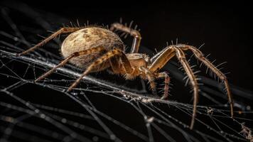 Close-Up Action of a Spider on Its Web, Nature Photography, Dark Background, Macro Viewpoint, Intricate Details photo
