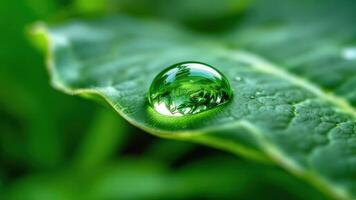 Close Up of Dew Drop on Green Leaf photo