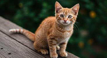 Cute ginger kitten enjoying sunlight on wooden deck photo