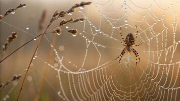 Nature Action Spider Weaving Web in Morning Dew, Forest Environment, Close-Up Photography photo