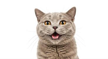 Happy gray cat with open cheerful mouth portrait photo