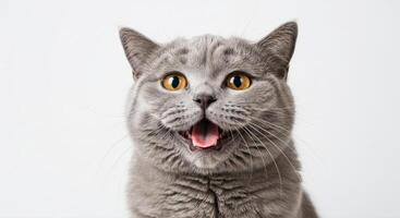 Cute gray cat happily smiling with bright eyes photo