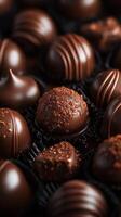 Luxurious assorted chocolates with rich dark and milk flavors displayed in elegant packaging at a gourmet confectionery shop. Beautifully crafted chocolate candies with various textures and flavors photo