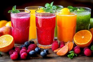 Fruit juice selection showcasing a vibrant assortment of flavors with fresh fruits and garnishes on a wooden table. delightful assortment of fruit juices is beautifully presented in glasses photo