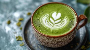 Crafting the perfect matcha latte with intricate latte art in a cozy cafe setting. smooth matcha latte topped with beautiful latte art, served in a rustic cup, antioxidant energy drink photo