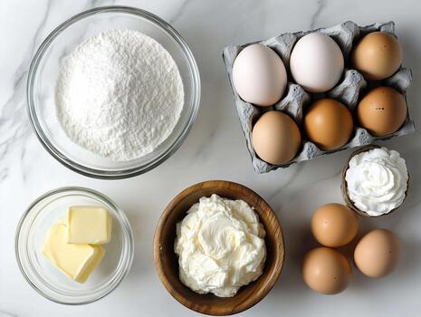 Baking ingredients arranged on marble countertop with flour, eggs, butter, and whipped cream ready for baking. Various baking ingredients including flour, carton of eggs, butter, and whipped cream photo