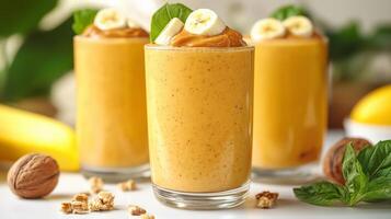 Delicious fresh banana peanut butter smoothies served in clear glasses with garnishes and healthy toppings. Refreshing banana smoothies in clear glasses, topped with banana slices and mint photo