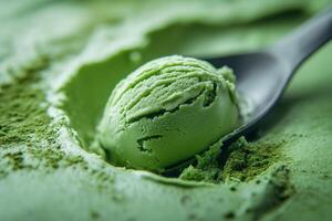 Enjoying a scoop of creamy matcha ice cream with silver spoon in a vibrant green dessert setting. scoop of smooth matcha ice cream on a silver spoon, showcasing a rich green color and velvety texture photo