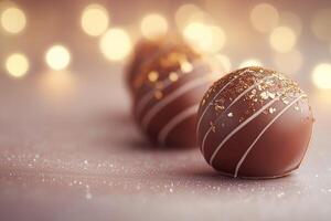 Delicious chocolate truffles adorned with gold flakes on a festive background during a holiday celebration. chocolate truffles with shimmering gold flakes against a backdrop of soft, warm lights photo