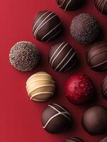 Decadent chocolate truffles displayed on a red backdrop showcasing various designs and flavors in an elegant culinary arrangement. Assorted chocolate truffles on a vibrant red surface photo