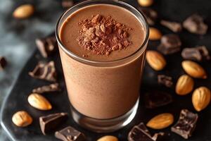 Delicious chocolate protein smoothie topped with cocoa powder and surrounded by nuts and chocolate pieces on a dark surface. Rich cocoa smoothie sits in a clear glass, garnished with cocoa powder photo