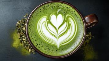 Enjoying a beautifully crafted matcha latte with intricate latte art made from rich green tea and steamed milk. matcha latte featuring delicate latte art shaped like leaves, antioxidant energy drink photo