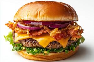 Delicious burger stacked with bacon, cheese, lettuce, and red onions on a soft bun. Juicy burger features crispy bacon, melted cheese, fresh lettuce, and sliced red onions on white photo