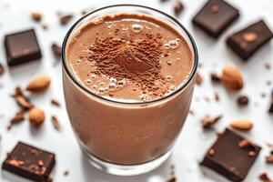 Delicious chocolate smoothie topped with cocoa powder and surrounded by chocolate pieces and almonds in a bright setting. Protein smoothie in clear glass, topped with a sprinkle of cocoa powder photo