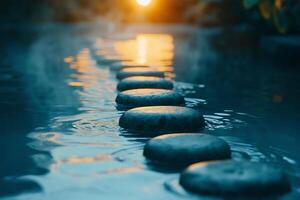 Experience tranquility and serenity with smooth spa stones lined up on water leading to a glowing sunset view. Spa stones pathway across the water, reflecting the warm glow of the setting sun photo