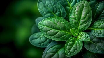 Spinach green leaves showcasing intricate textures and patterns in a close-up view. Lush green leaves display a variety of textures and patterns, healthy vegetation in a natural setting photo