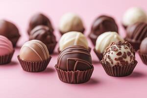 Delightful assortment of chocolate truffles arranged on a pink surface showcasing various flavors and decorations. collection of chocolate truffles in different flavors sits neatly on a pink surface photo