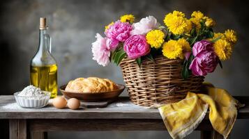 Flour, eggs, and vibrant flowers arranged on rustic wooden table in cozy kitchen setting, sunny afternoon. charming display of basket of colorful flowers, flour, eggs, and loaf of freshly baked bread photo