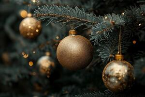 Golden ornaments hang on a Christmas tree adorned with twinkling lights and lush green branches during the festive season. Lush green branches of a Christmas tree support shimmering golden ornaments photo
