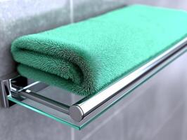 Modern bathroom shelf featuring glass and ceramic containers with a soft green towel showcasing style and functionality in a contemporary setting photo