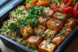 Healthy quinoa salad with grilled tofu, colorful vegetables, and fresh herbs perfect for a wholesome meal. Lunch box with grilled tofu, quinoa, and an assortment of fresh vegetables photo