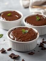 Delicious chocolate dessert served in ramekins topped with fresh mint leaves and surrounded by chocolate shards. Three ramekins filled with rich chocolate dessert on countertop. Chocolate fondant photo