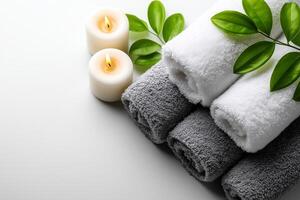 Spa inspired flat lay featuring rolled towels, candles, and fresh green leaves for a tranquil atmosphere. Soft rolled towels, flickering candles and vibrant green leaves create spa inspired flat lay photo