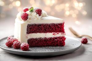 Delicious red velvet cake with cream cheese frosting and fresh raspberries displayed on a stylish plate. Slice of rich red velvet cake topped with fluffy cream cheese icing and fresh raspberries photo