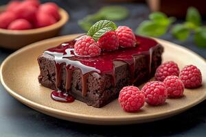 Delicious chocolate brownie topped with raspberry sauce and fresh raspberries on a golden plate. Chocolate brownie drizzled with raspberry sauce sits on a golden plate surrounded by fresh raspberries photo