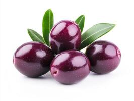 Fresh purple olives with leaves arranged on a white background photo