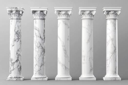 Five distinct marble columns showcasing classical architecture styles photo