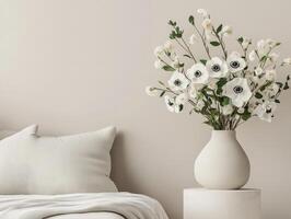 Elegant white flowers in a modern bedroom setting with soft textures photo