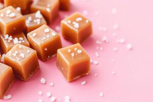 Sweet and salty caramels on pink background create a delightful treat photo