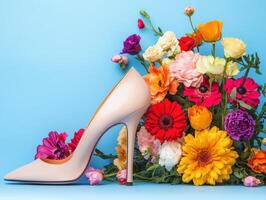 Elegant high heel next to colorful flower arrangement photo